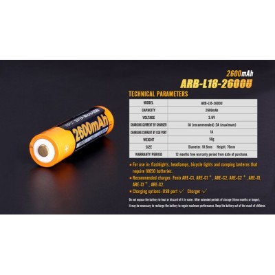 2600mAh 18650 Li-on Ricaricabile Tramite MICRO Usb By Fenix